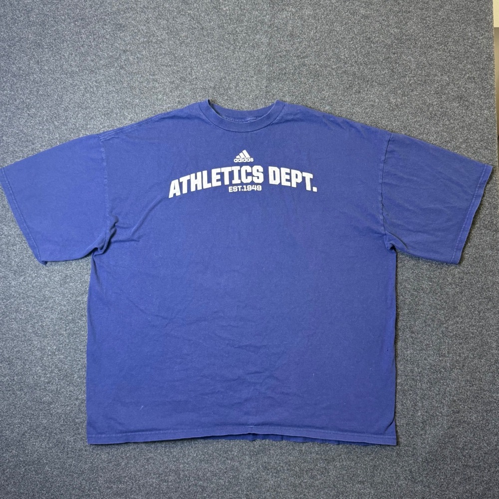 Vintage Adidas T-Shirt Mens 2XL Blue Athletics Dept Graphic Sleeve Crew Neck Tee
